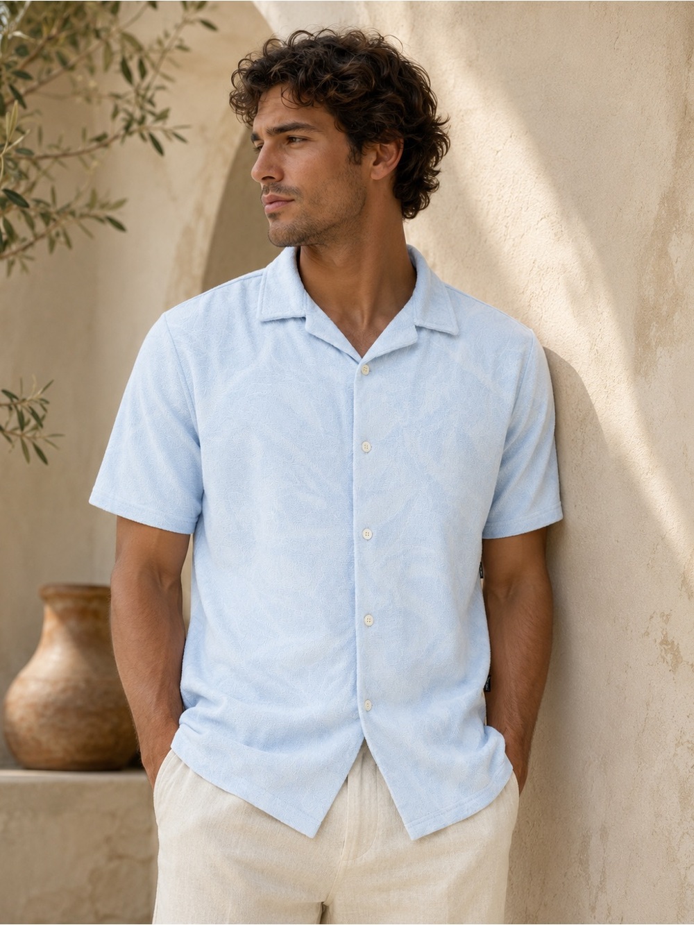 NWT Indicode Men’s Light Blue Textured Camp Collar Shirt XL